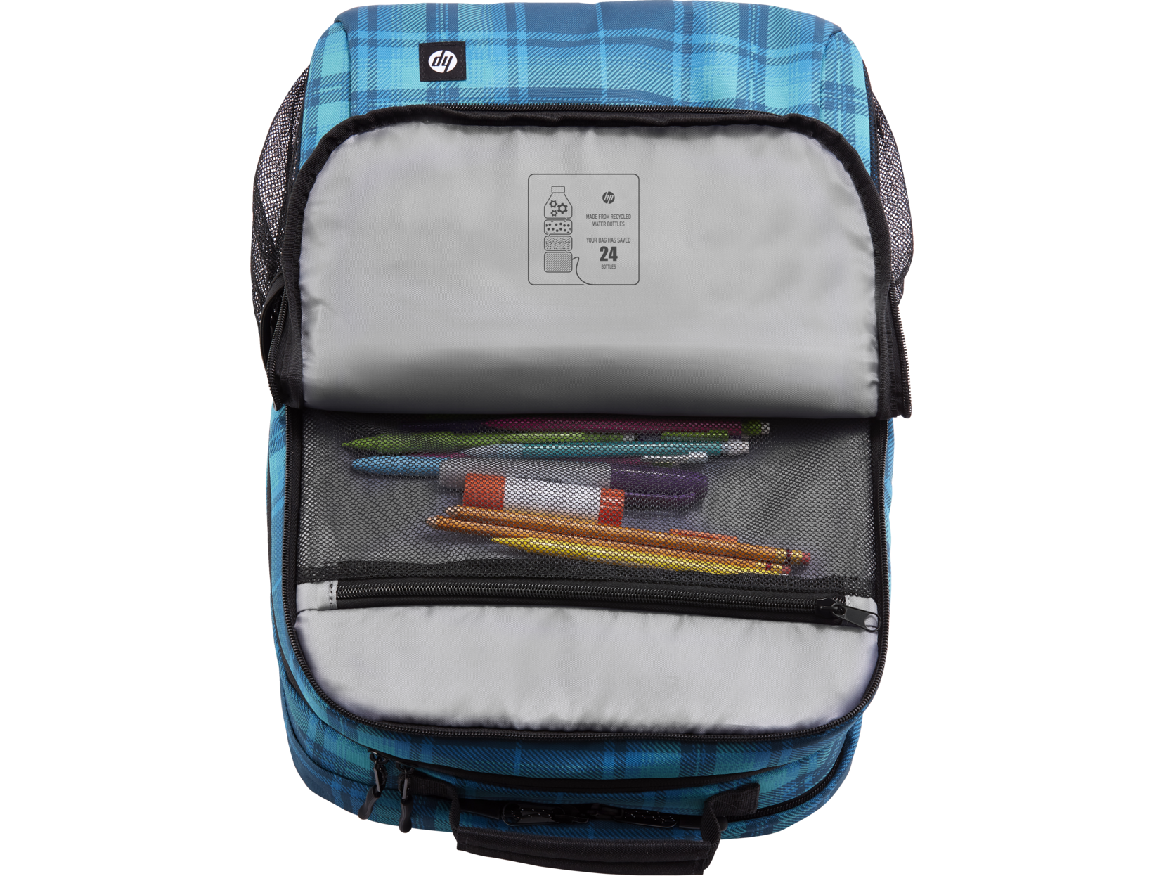Mochila - HP Campus XL con patrón de cuadros de tartán, 20 L, Portátiles hasta 16", Tablet, Acolchado, Materiales impermeables, Negro
