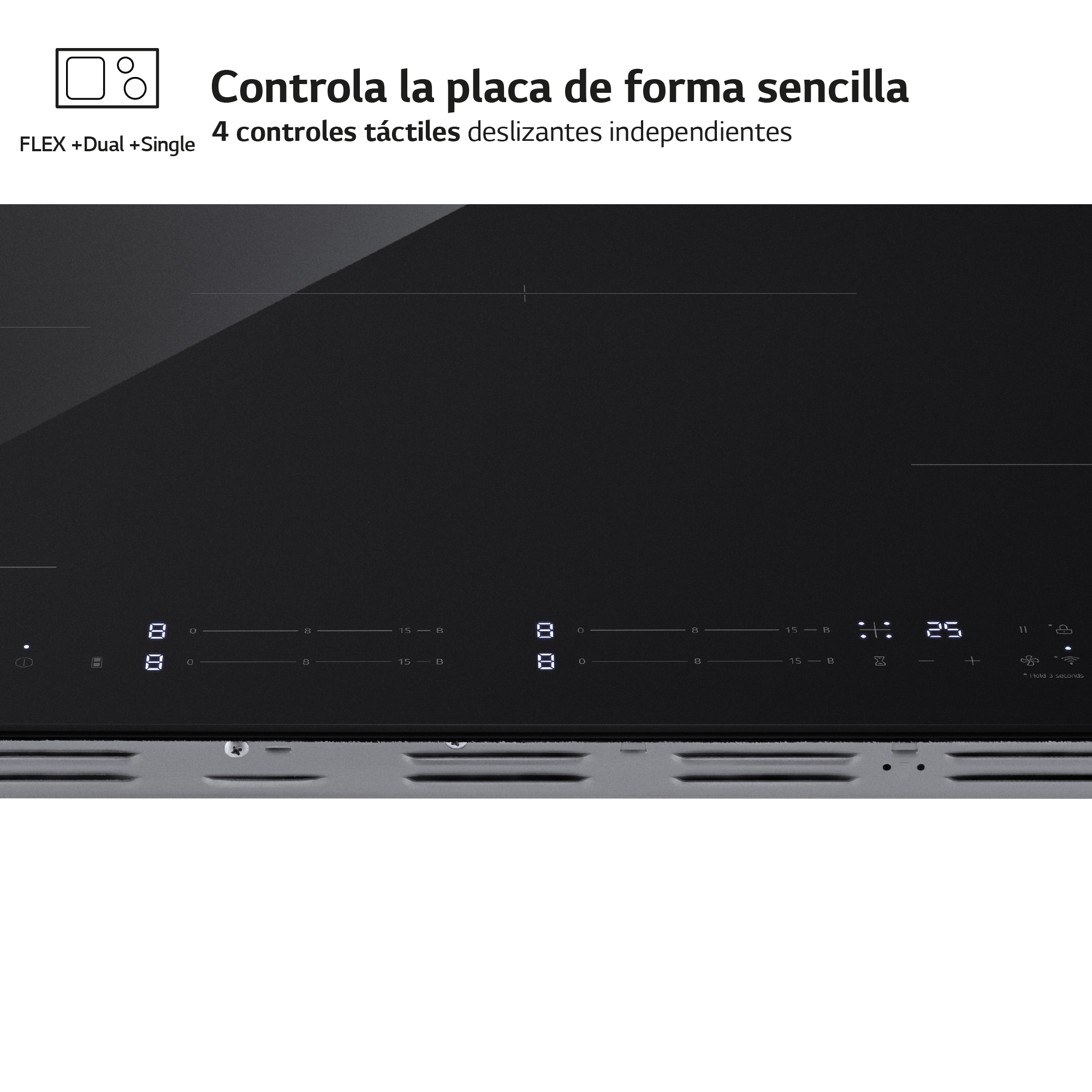 Placa de inducción negra con controles táctiles y pantallas digitales.