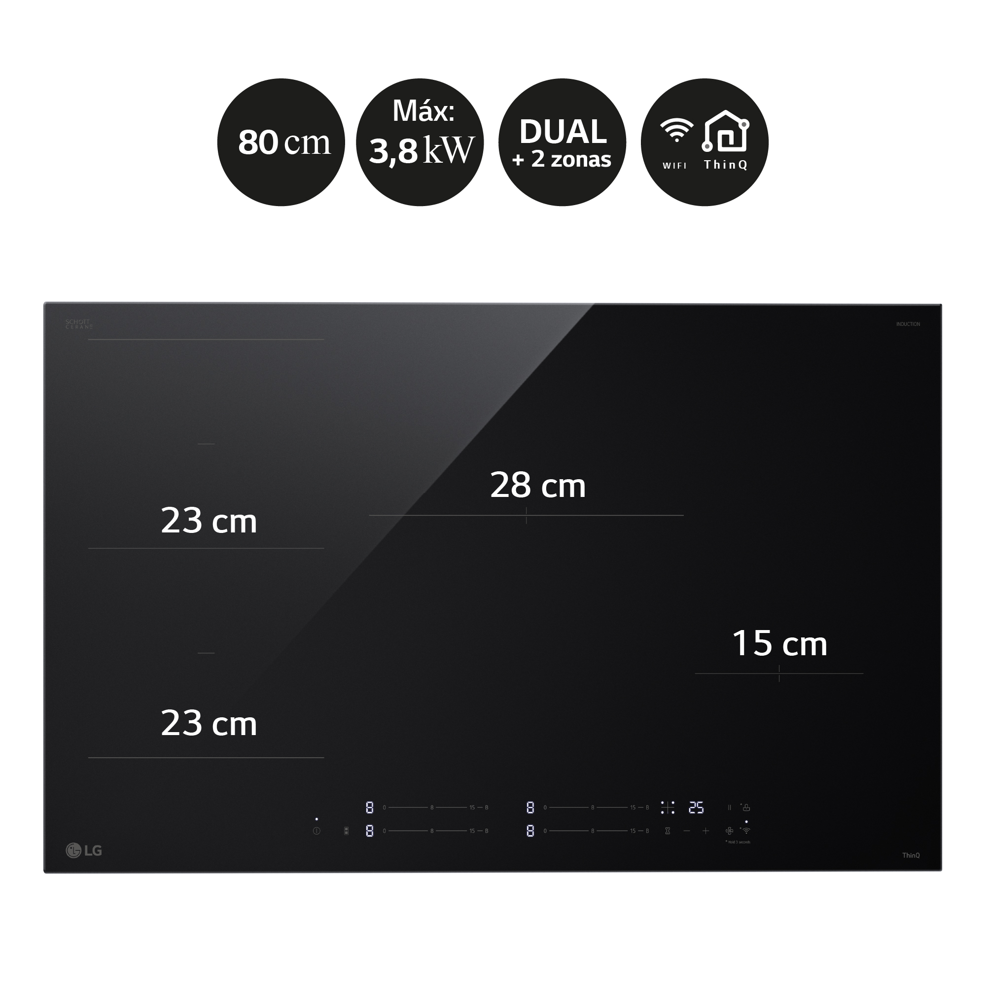 Placa de inducción LG negra con dimensiones y funciones de doble zona.