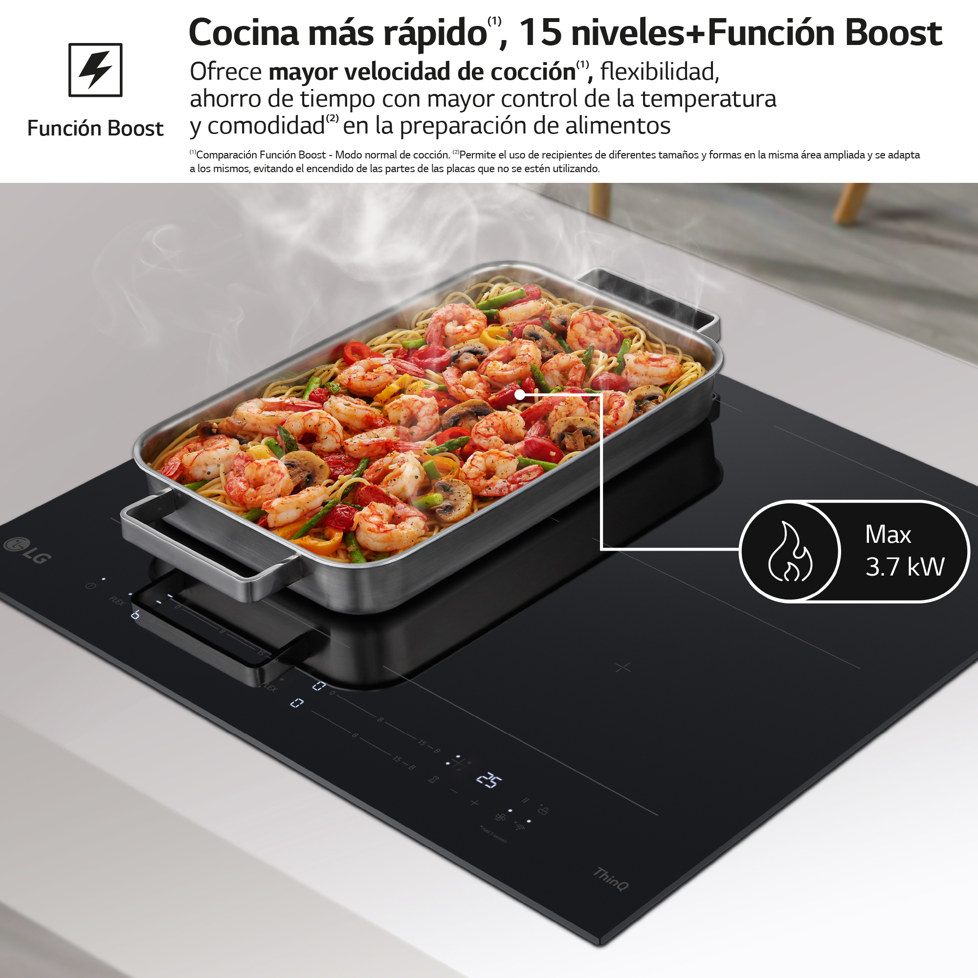 Una placa de inducción con una bandeja de comida y texto que describe la velocidad y comodidad de cocción.