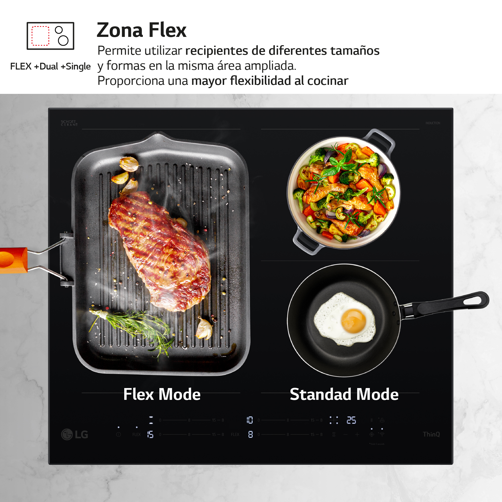 Placa de inducción negra con comida, modos de cocción visibles, texto en español.