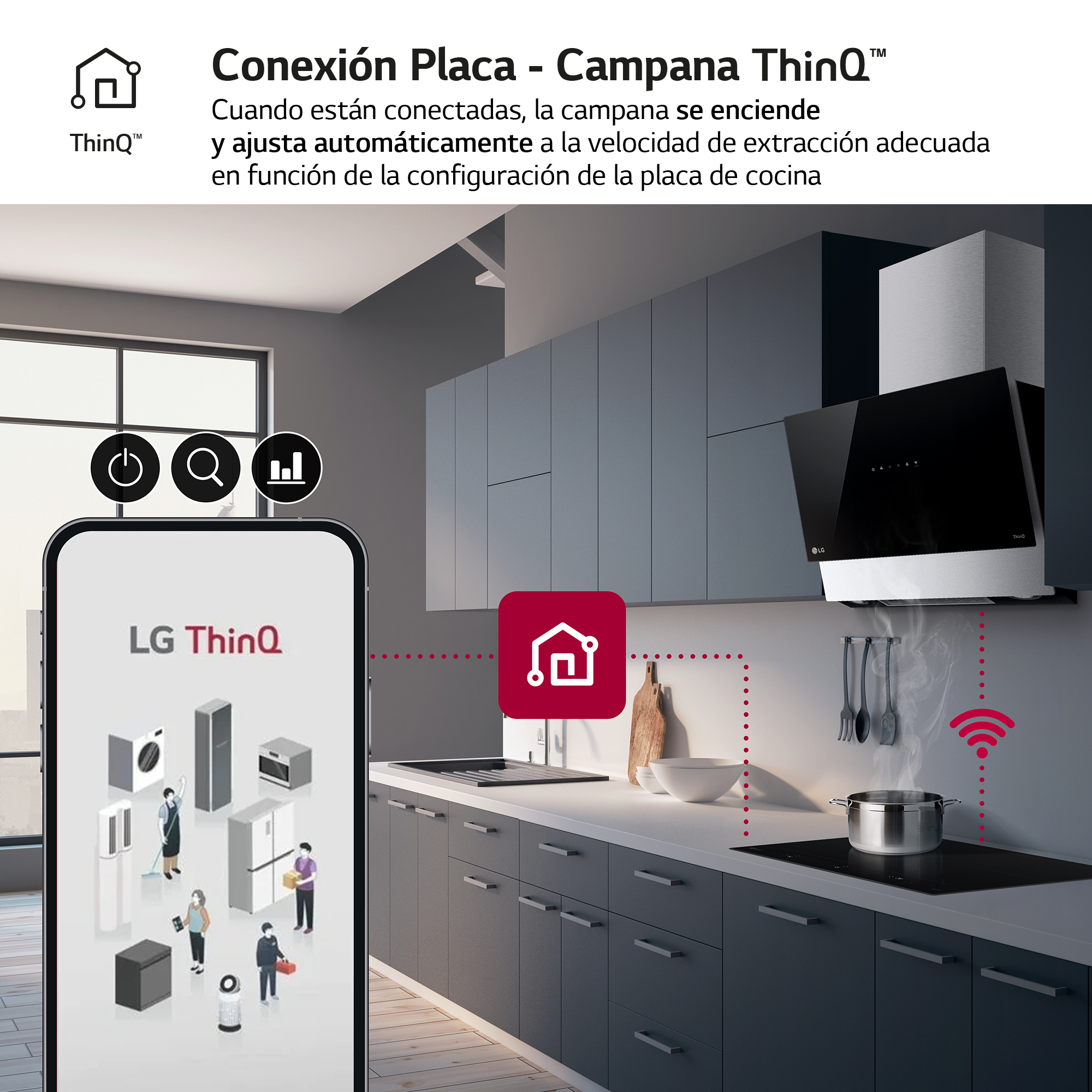 Un smartphone muestra la aplicación LG Thinq y una escena de cocina con una estufa y una campana.