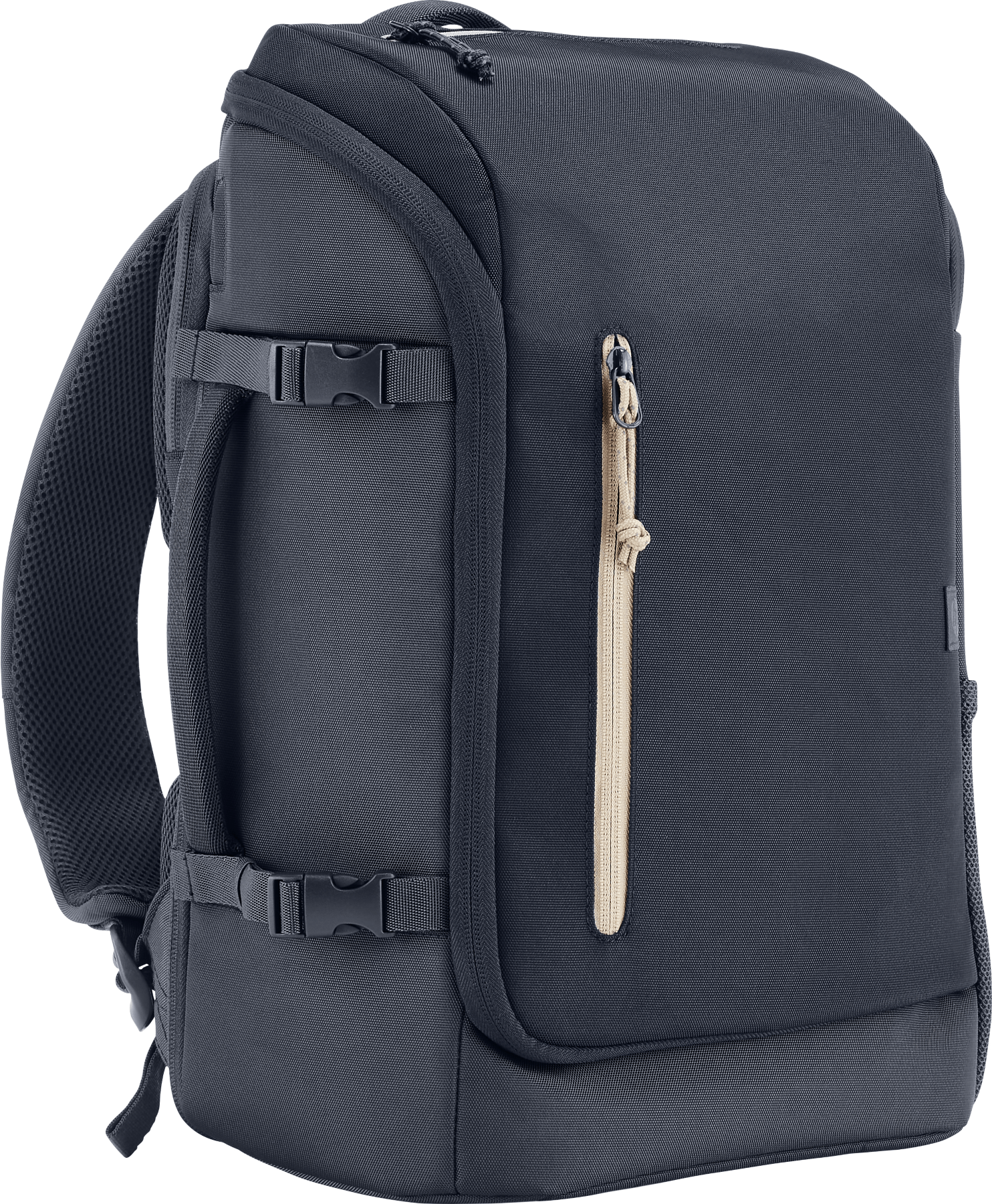 Una mochila azul oscuro con cremallera beige y correas negras.