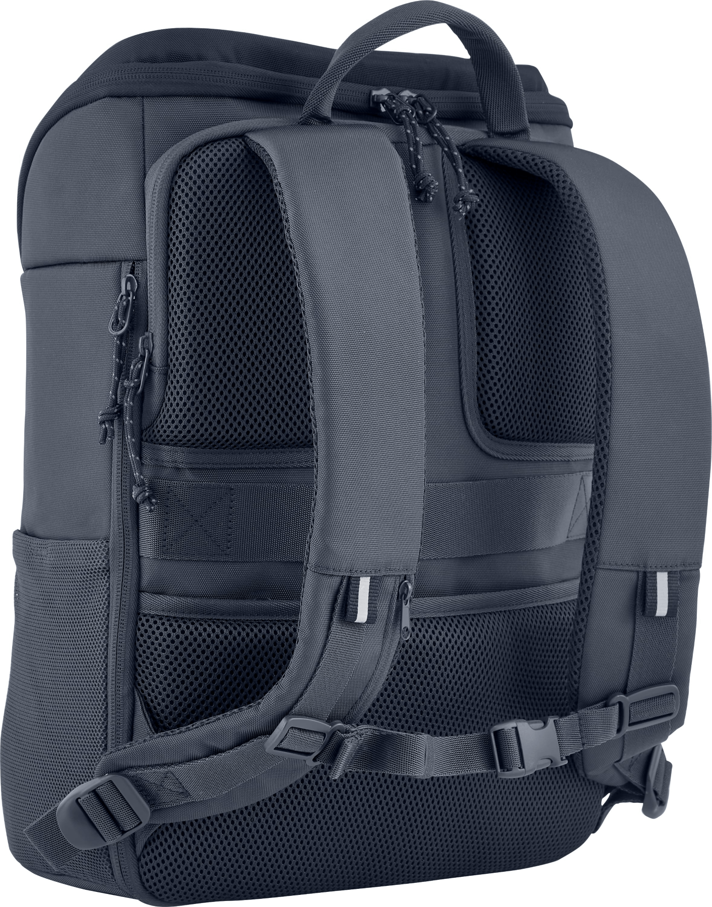 Mochila azul oscuro con soporte de espalda de malla y correas.