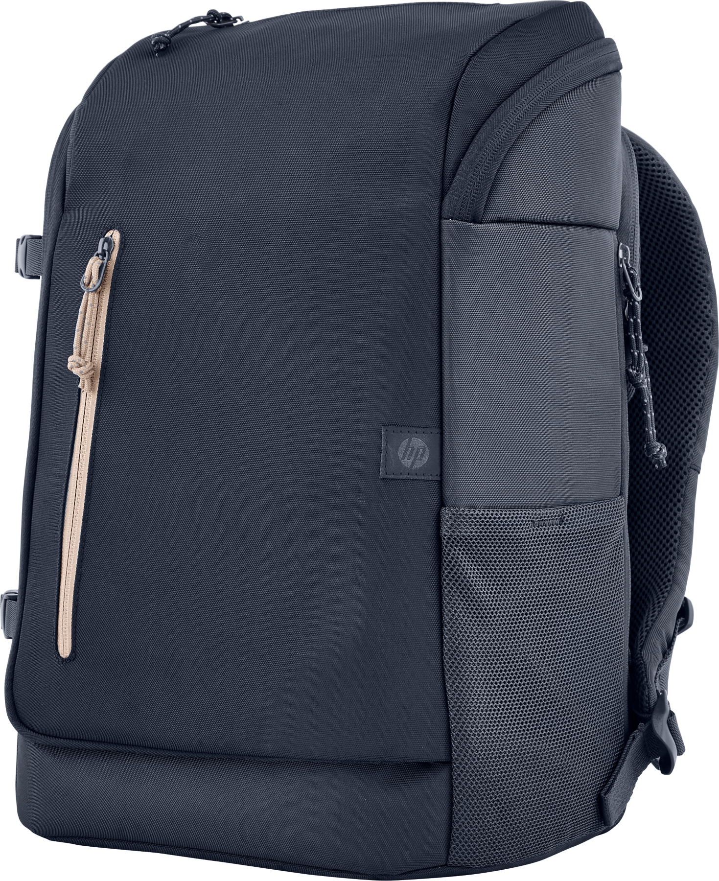 Mochila azul marino con detalles negros y grises, vista lateral. Cremallera y logo HP visibles.
