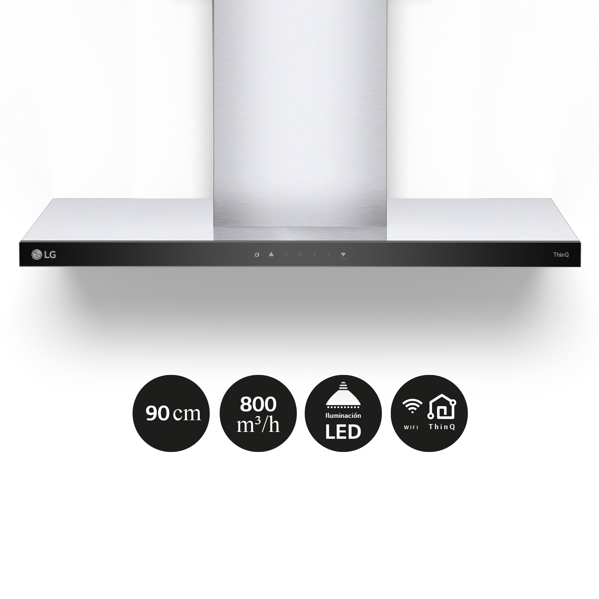 Campana extractora LG de acero inoxidable con panel de control negro e iconos y dimensiones sobre fondo blanco.