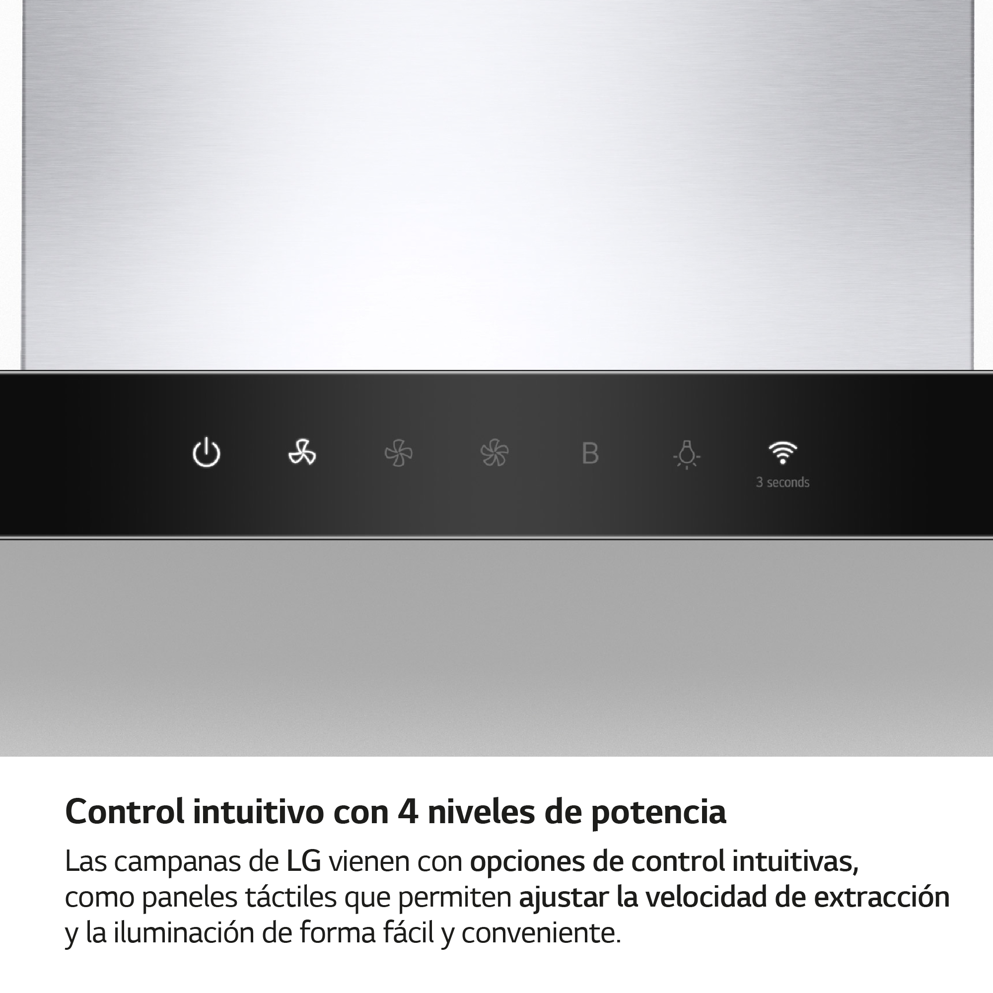 Un panel de control plateado con iconos de encendido, ventilador y luz, más una descripción de texto.