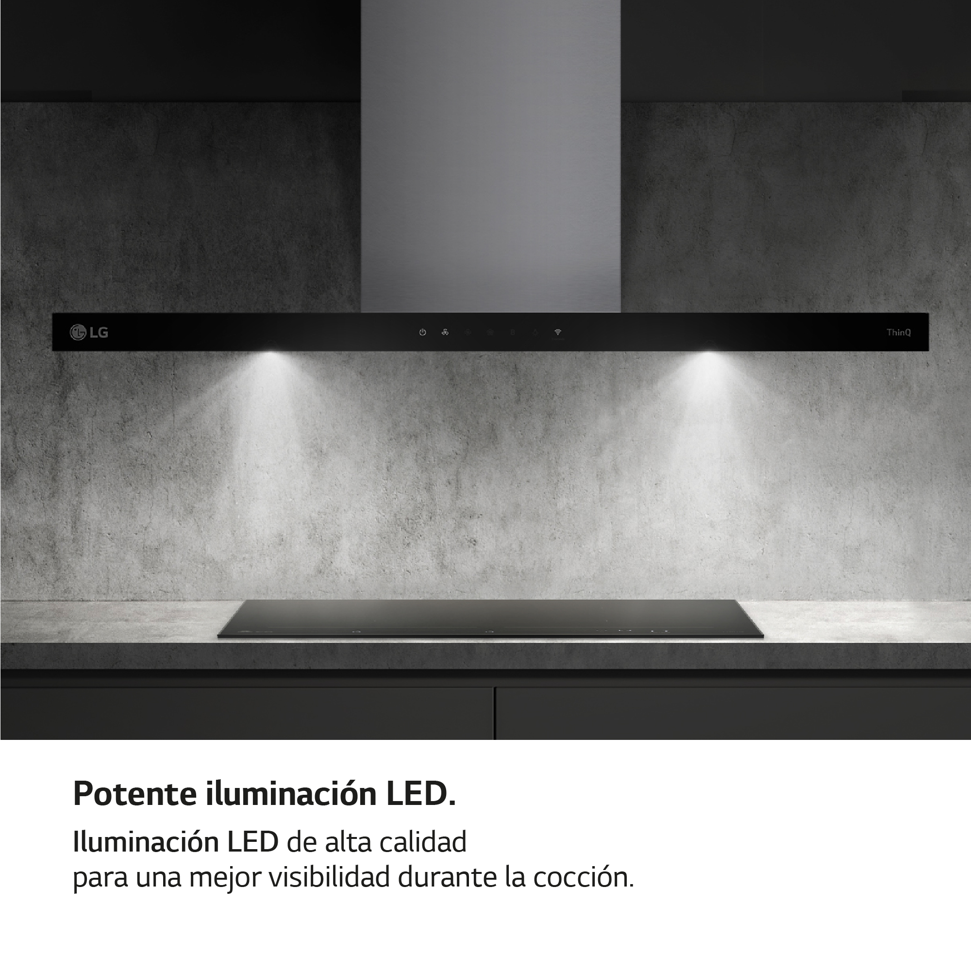 Campana extractora LG negra con luces que iluminan por debajo. Controles y logo LG. Fondo de concreto.