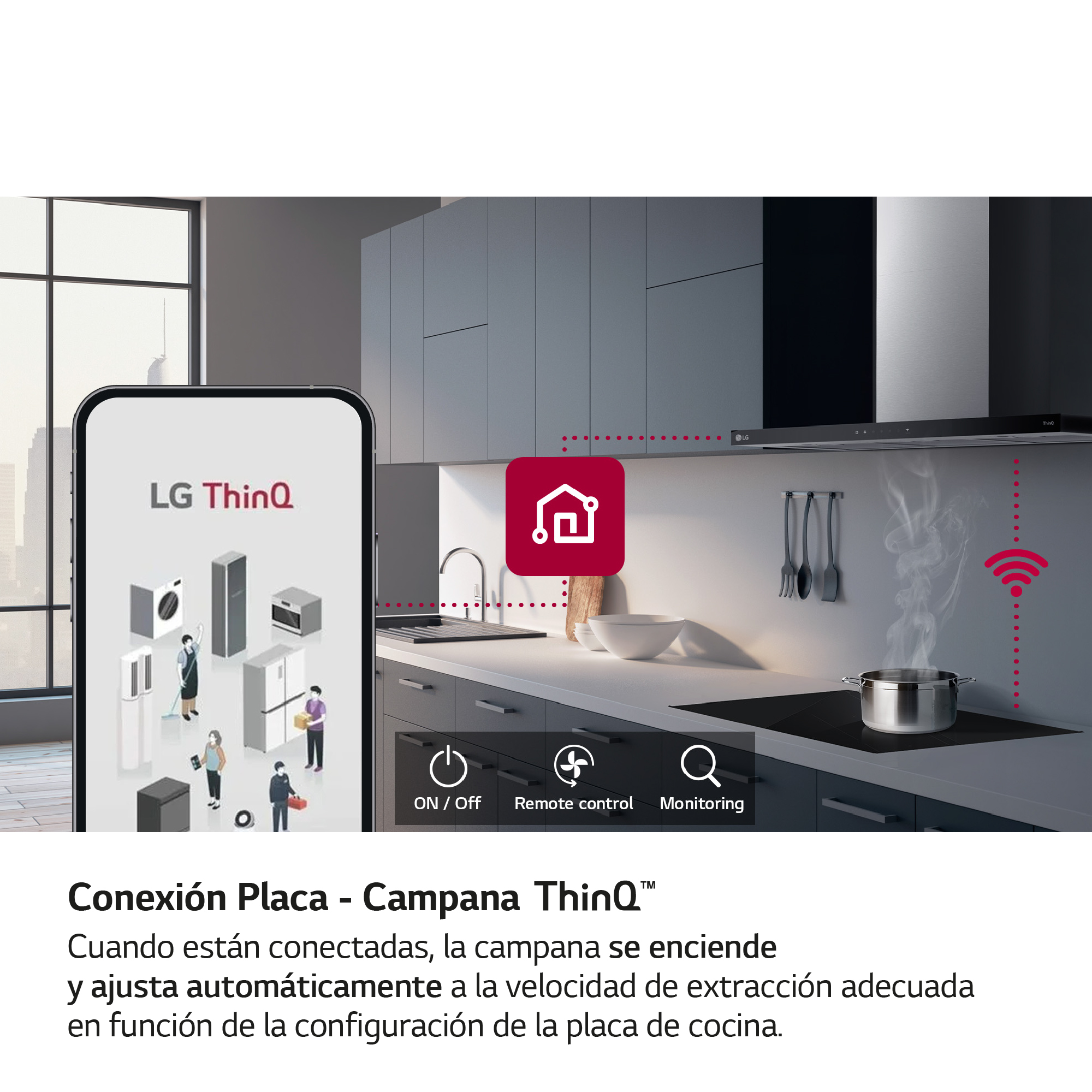 Un teléfono inteligente mostrando una app que controla electrodomésticos en una cocina moderna.