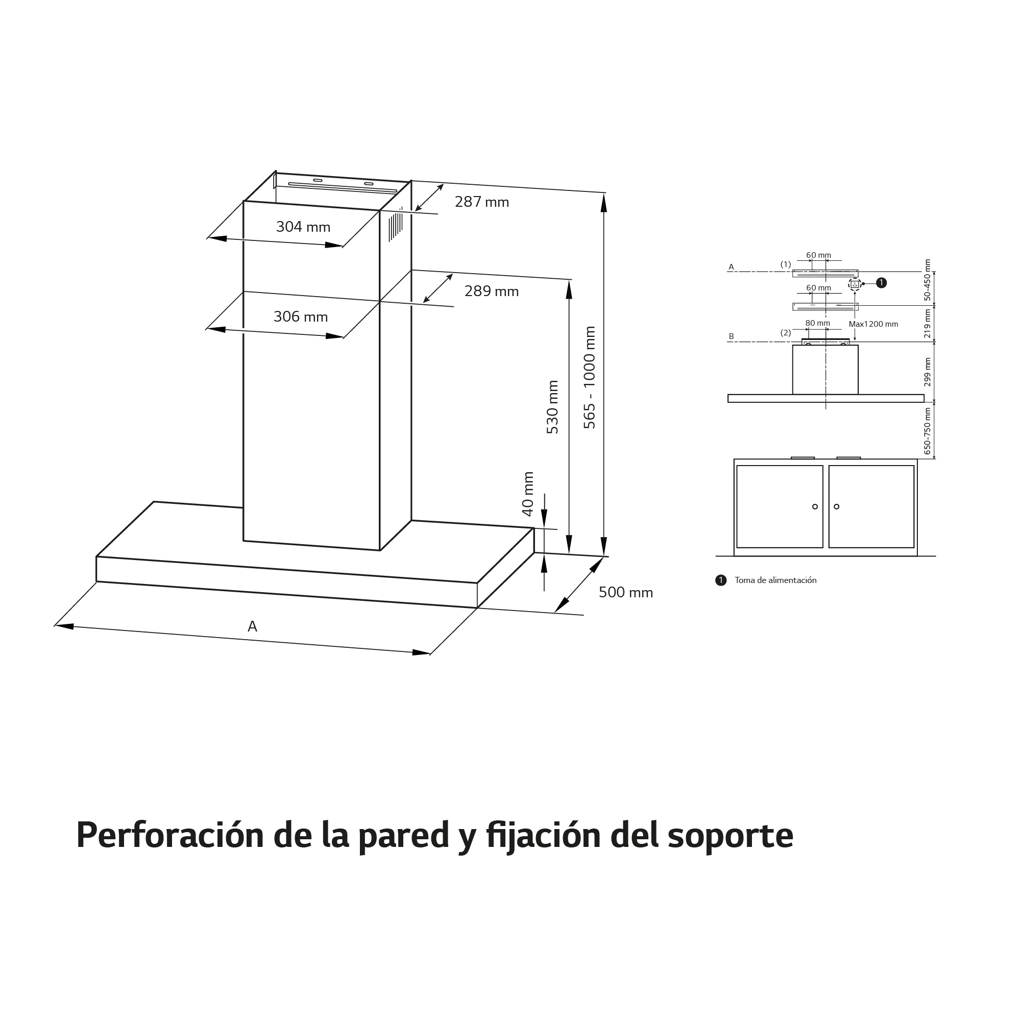 Dibujo técnico de una campana extractora con dimensiones e instrucciones de montaje.