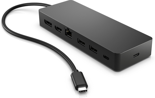 Estación de acoplamiento HP negra con múltiples puertos, incluyendo HDMI, USB y Ethernet, con un cable USB-C.