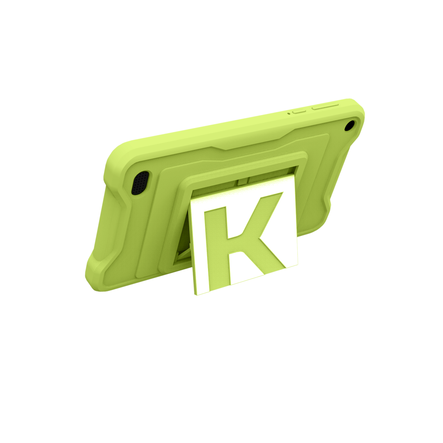 Groene tablethoes met een wit K-logo als standaard.
