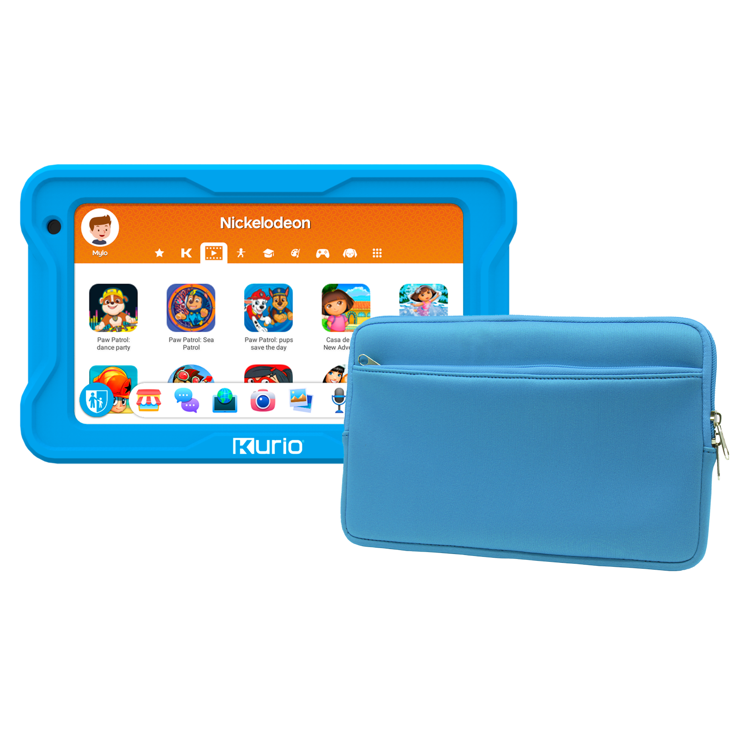 Blauwe tablet met een blauwe hoes, met het scherm met app-iconen. Witte achtergrond.