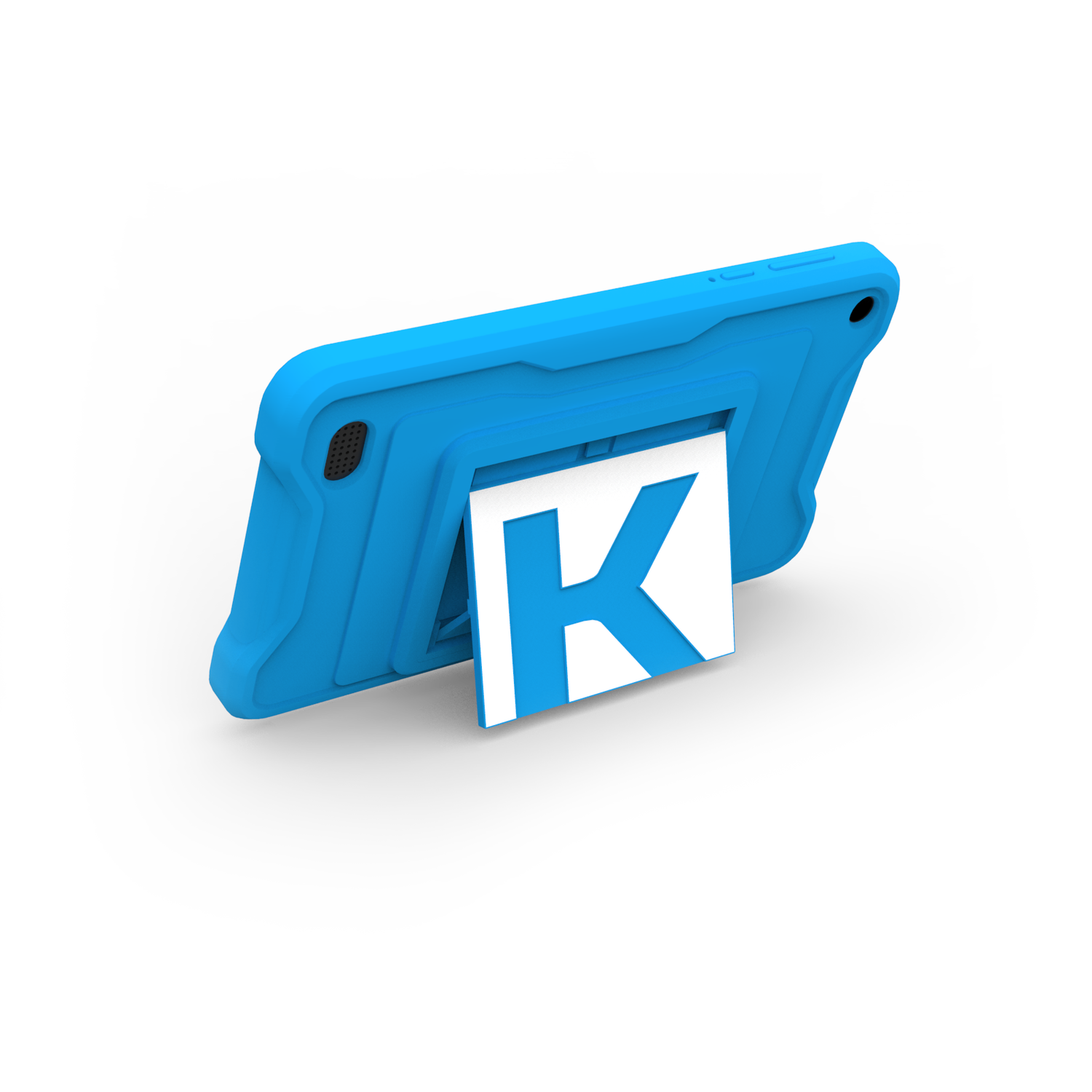 Een blauwe tablet in een beschermhoes met een witte standaard met een grote witte 'K'.