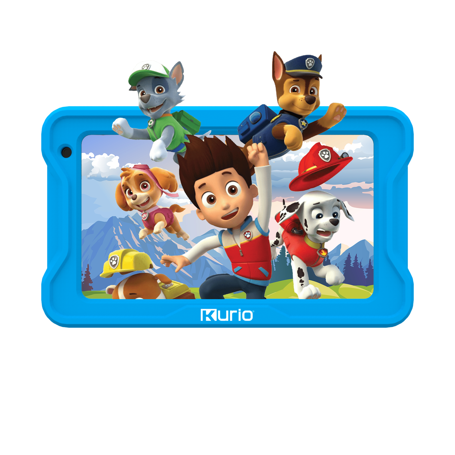 Tablet met Paw Patrol personages op het scherm, in een blauwe hoes.