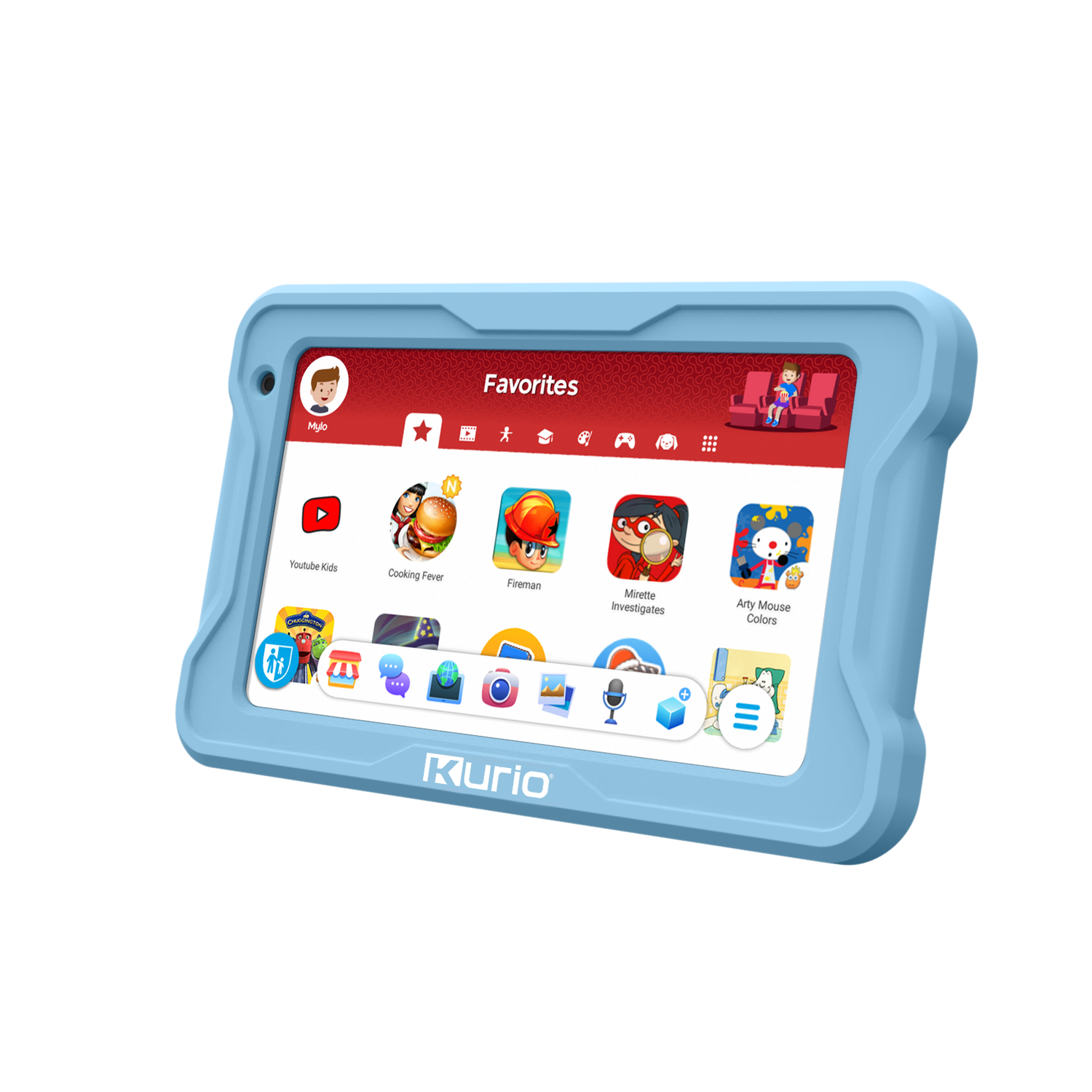 A blue Kurio tablet showing a favorites screen with app icons.