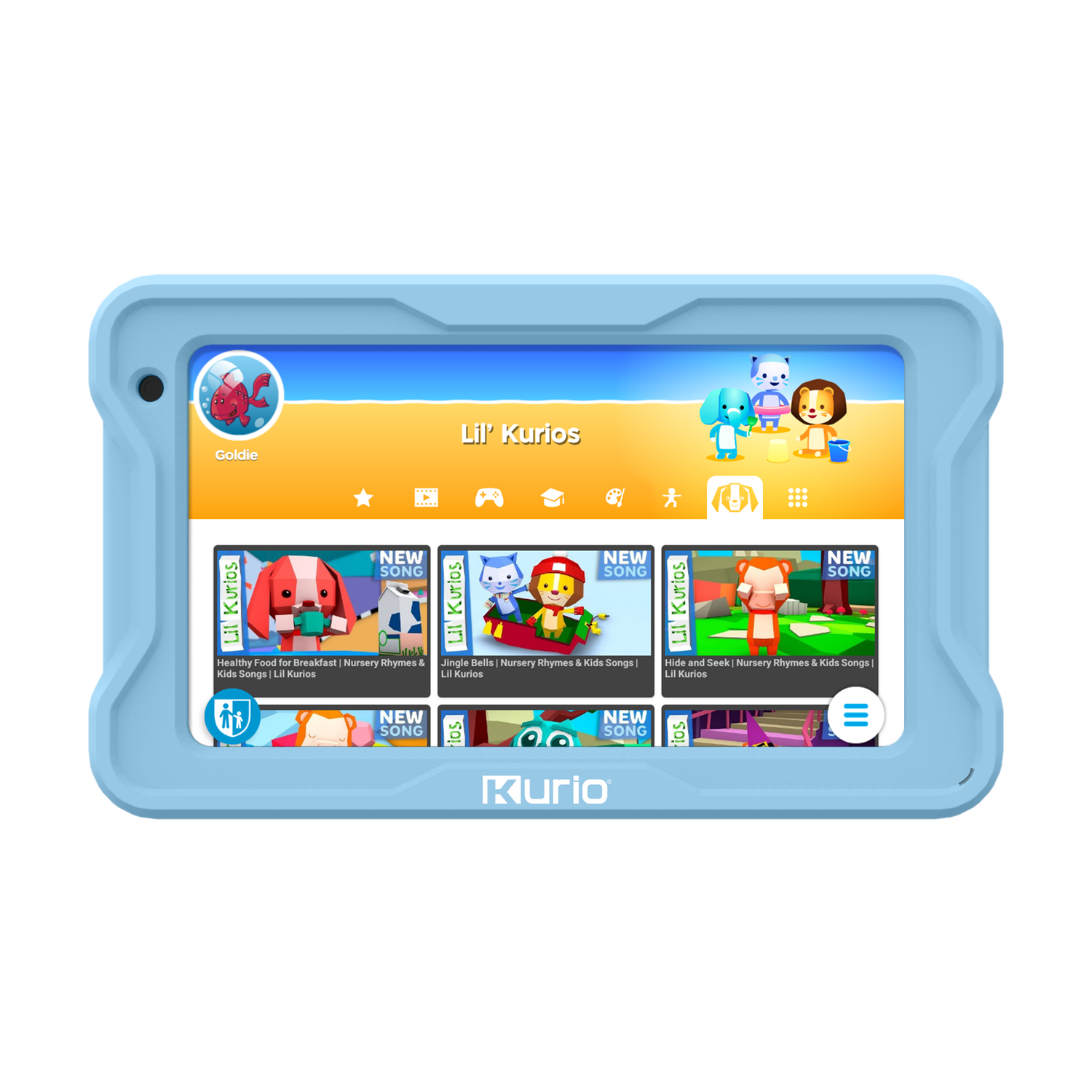 A blue Kurio tablet, displaying a kids' app interface.