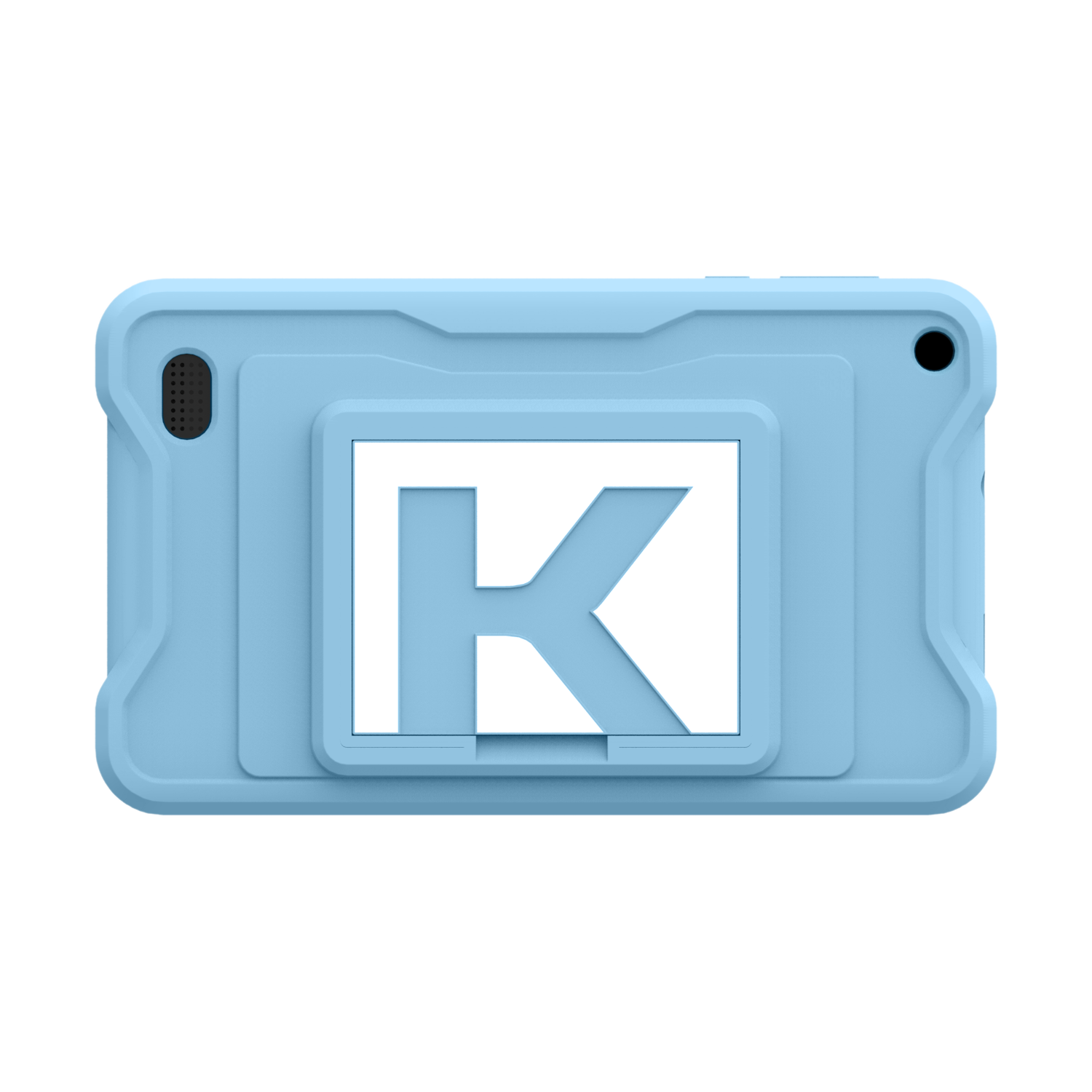 Light blue tablet case with a white 'K' cutout, on a white background.