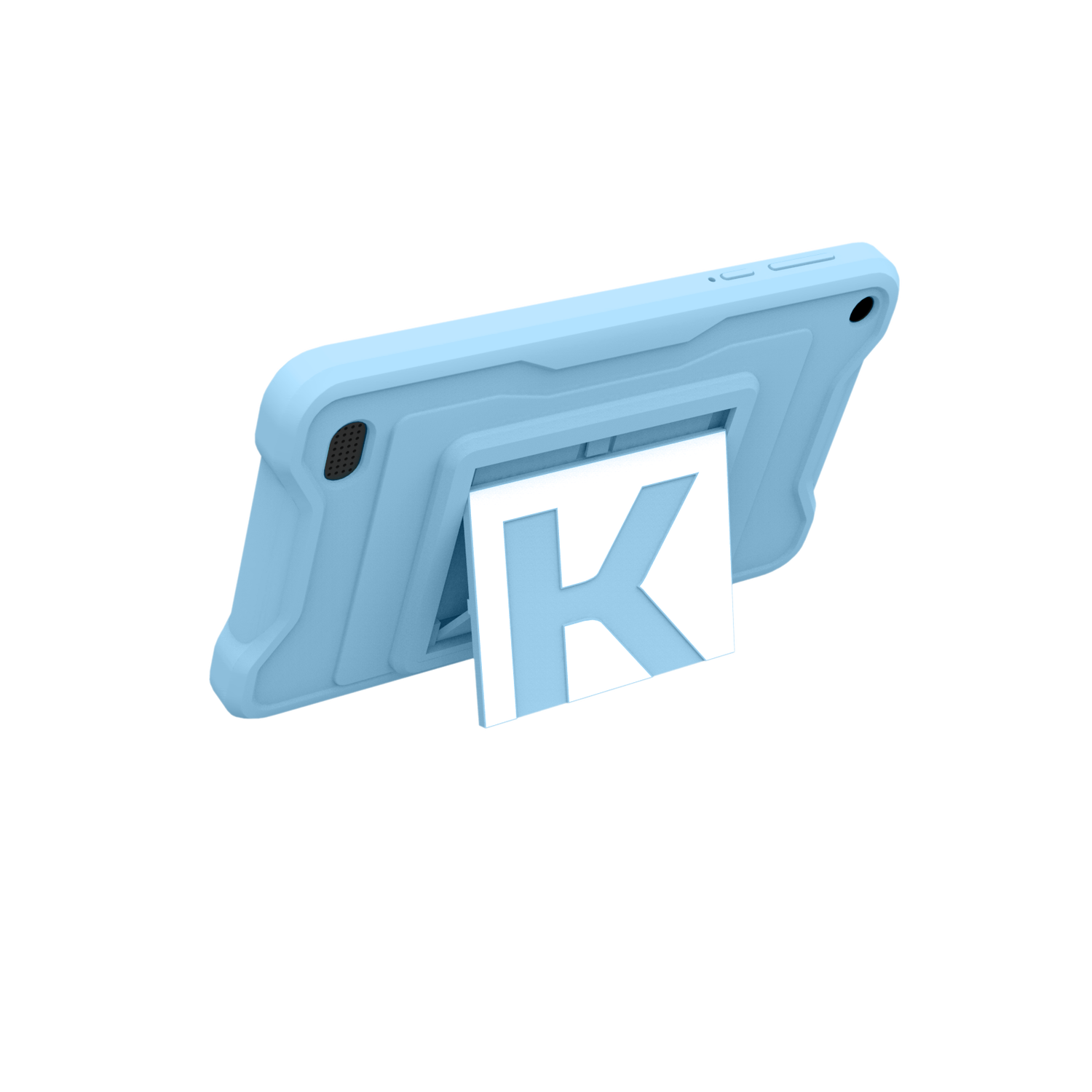 A light blue tablet in a case is propped up by a white stand with a K on it.