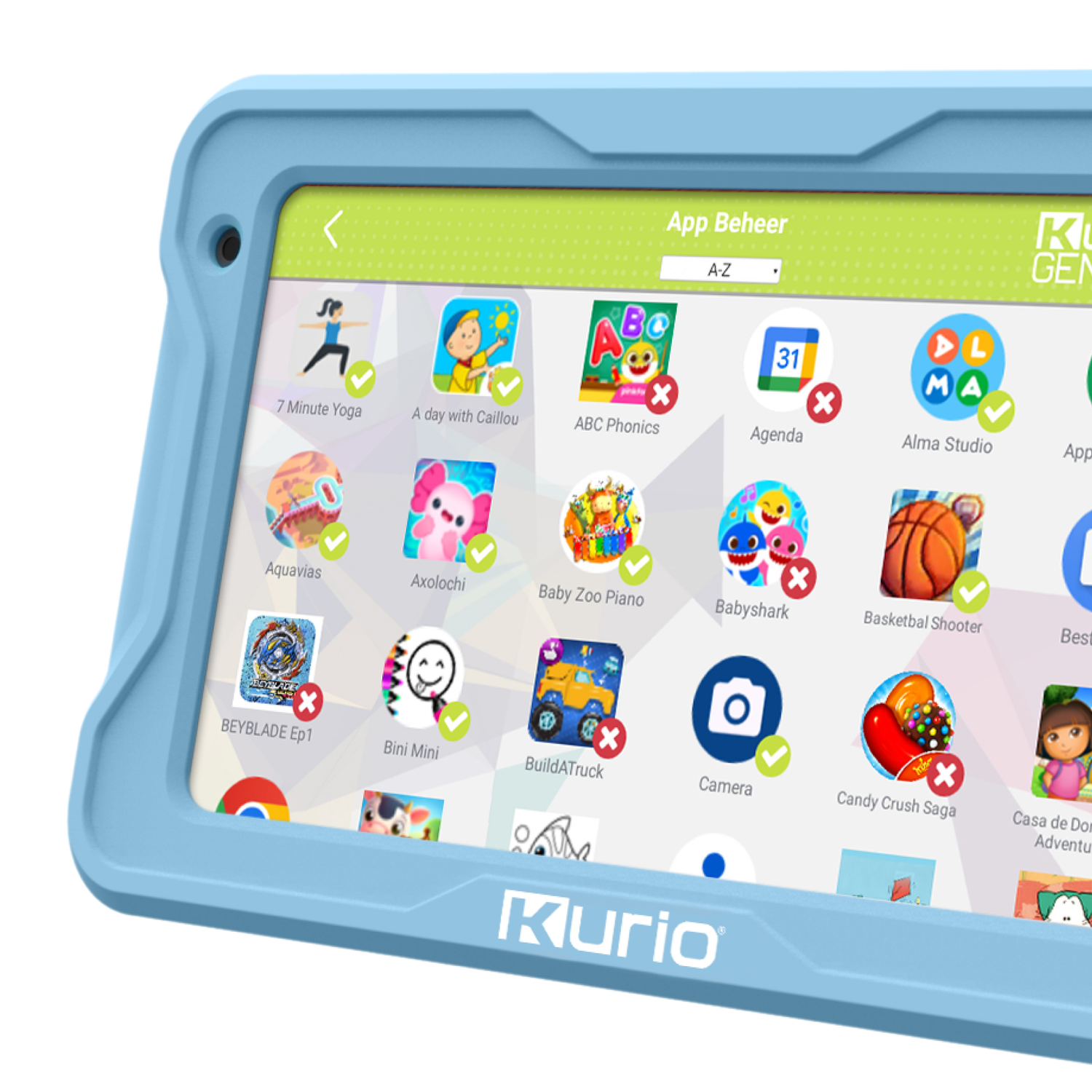 A child's tablet in a blue protective case, showing various app icons on the screen.