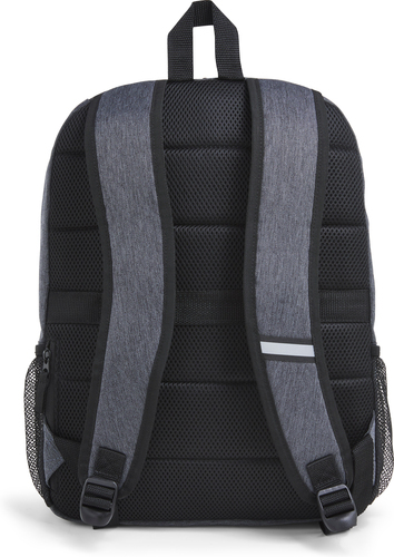 Vista trasera de una mochila gris y negra con correas acolchadas.