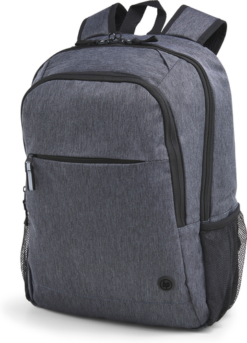 Mochila HP gris con bolsillo frontal, lateral y logotipo pequeño.
