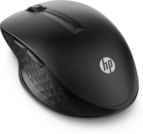 Ratón inalámbrico negro con el logotipo blanco de HP.