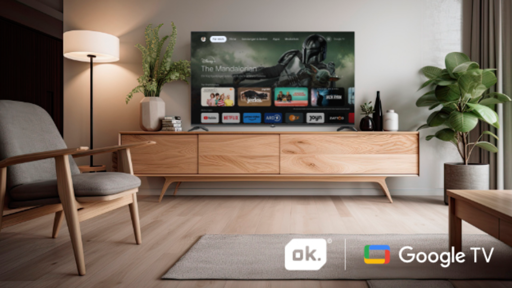 Salón con televisor en un mueble de madera. Hay una silla, plantas y una alfombra en primer plano.