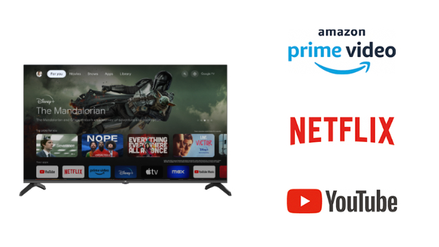 TV mostrando The Mandalorian con logos de servicios de streaming: Prime Video, Netflix, YouTube.