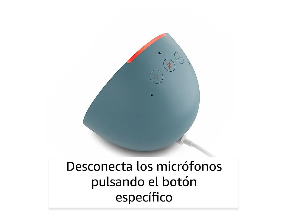 Un dispositivo azul con botones, el texto dice: 'Desconecta los micrófonos pulsando el botón específico'.