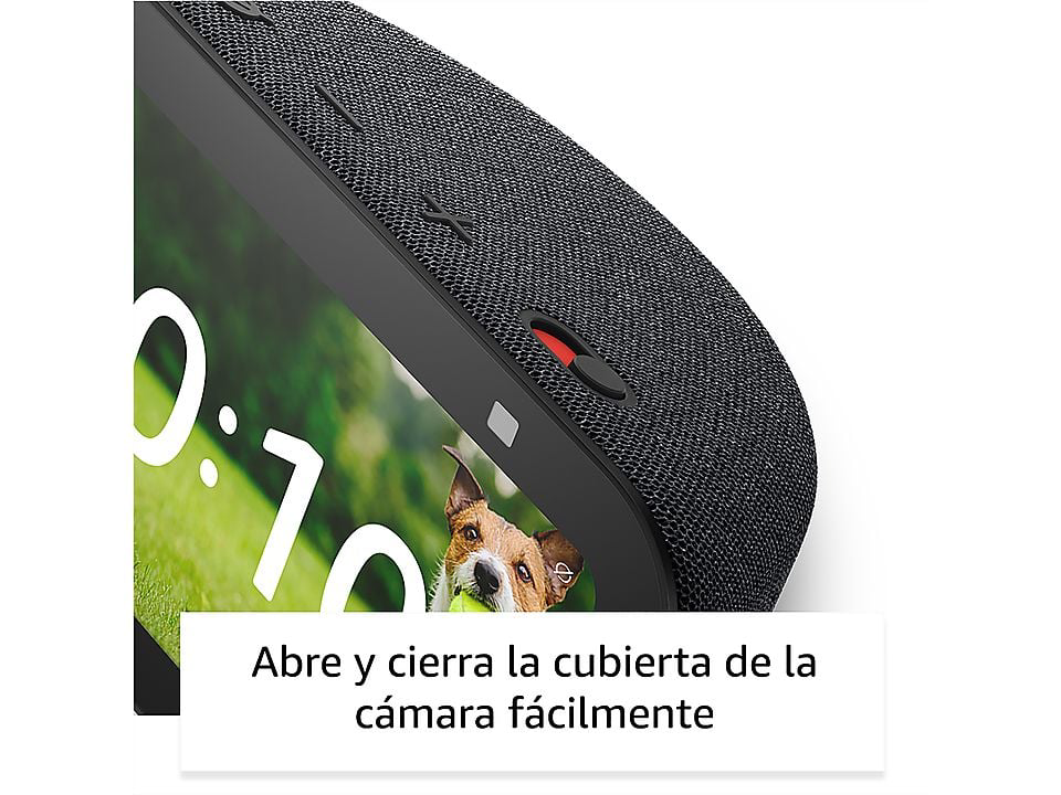 Primer plano de un altavoz inteligente con una imagen de un perro en su pantalla.