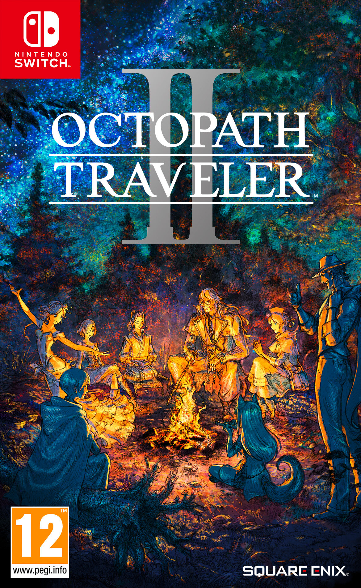 Grafika pudełka gry Octopath Traveler II. Przedstawia postacie wokół ogniska w lesie.