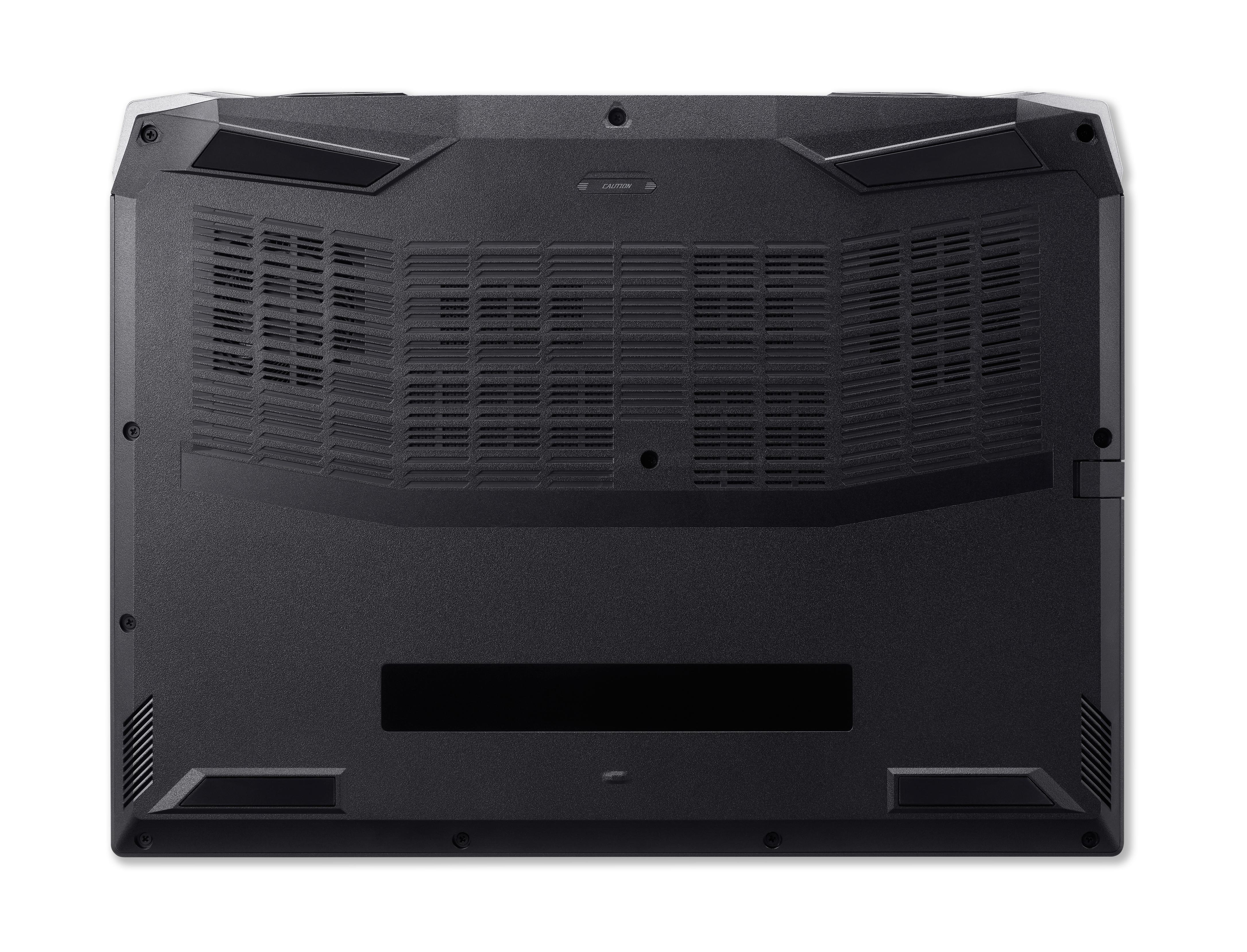 Unterseite eines schwarzen Laptops mit Lüftungsschlitzen und Logo.