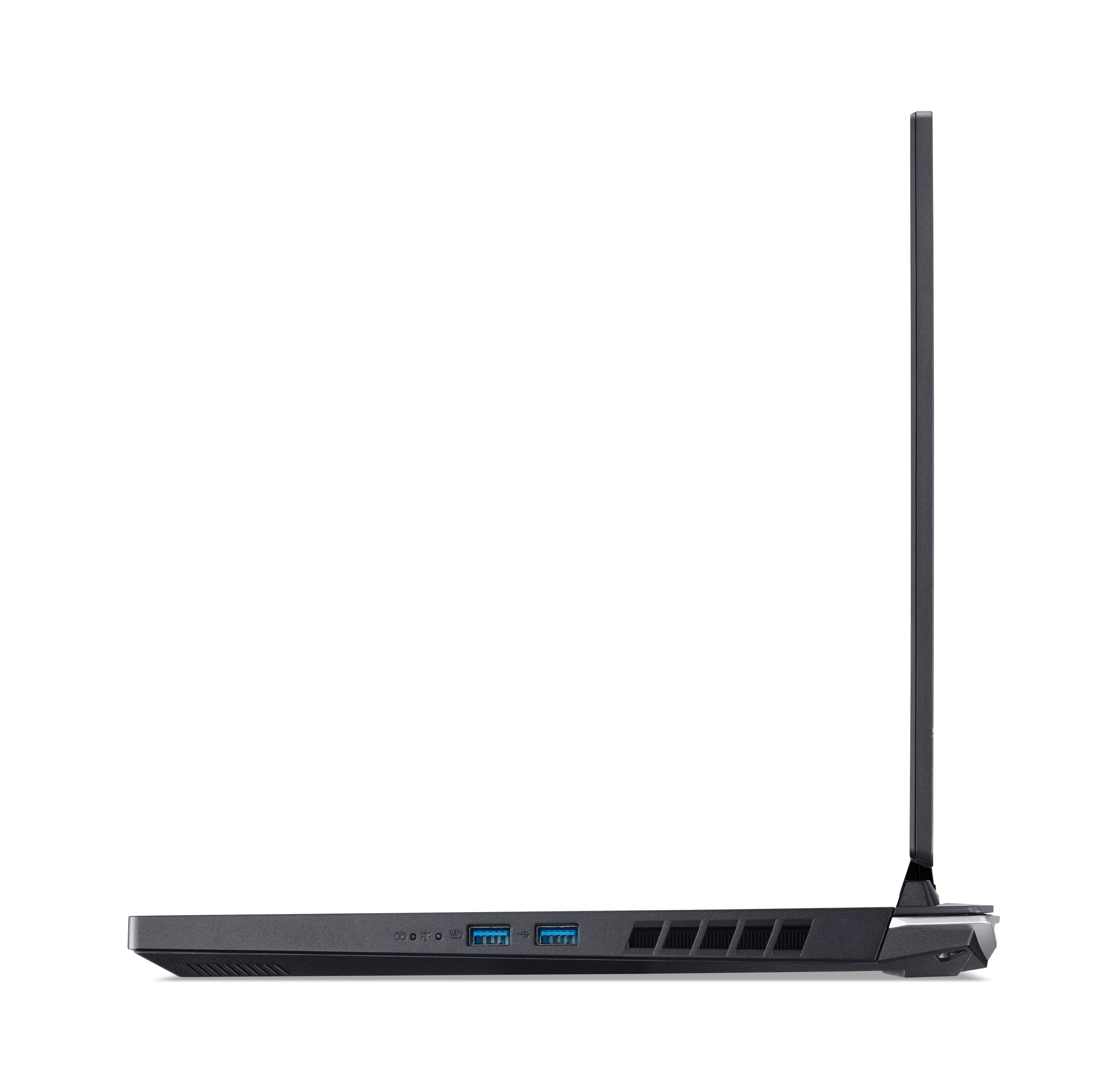 Seitenprofil eines schwarzen Laptops. Anschlüsse und Lüftungsschlitze sichtbar. Weißer Hintergrund.