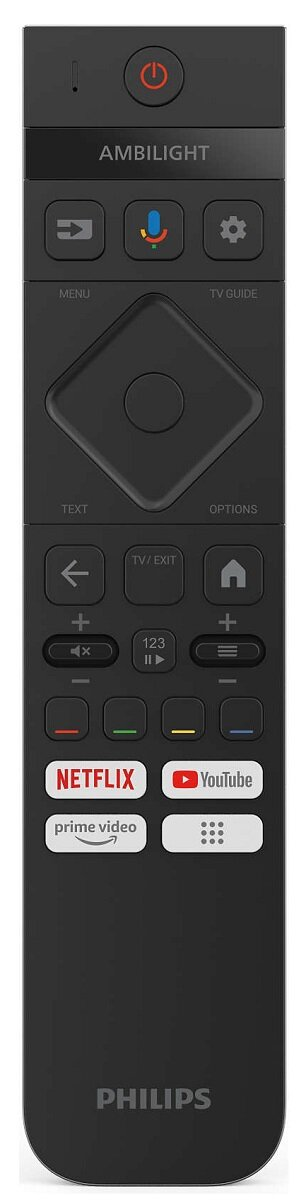 Czarny pilot Philips z wieloma przyciskami, w tym przyciskami Netflix, Prime Video i YouTube.