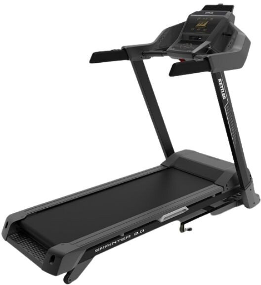 Czarna bieżnia z konsolą, widok z boku, na białym tle.