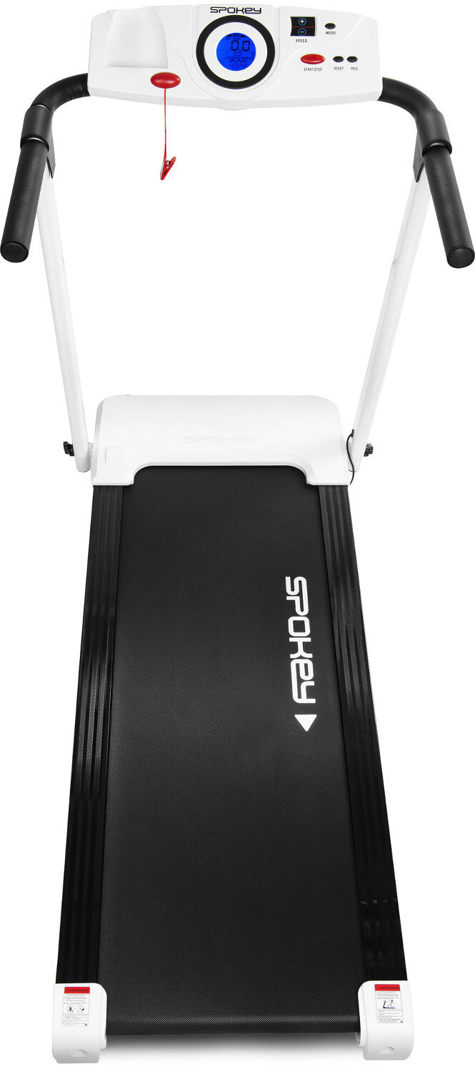 Biało-czarna bieżnia Spokey. Ma wyświetlacz i czarne uchwyty.
