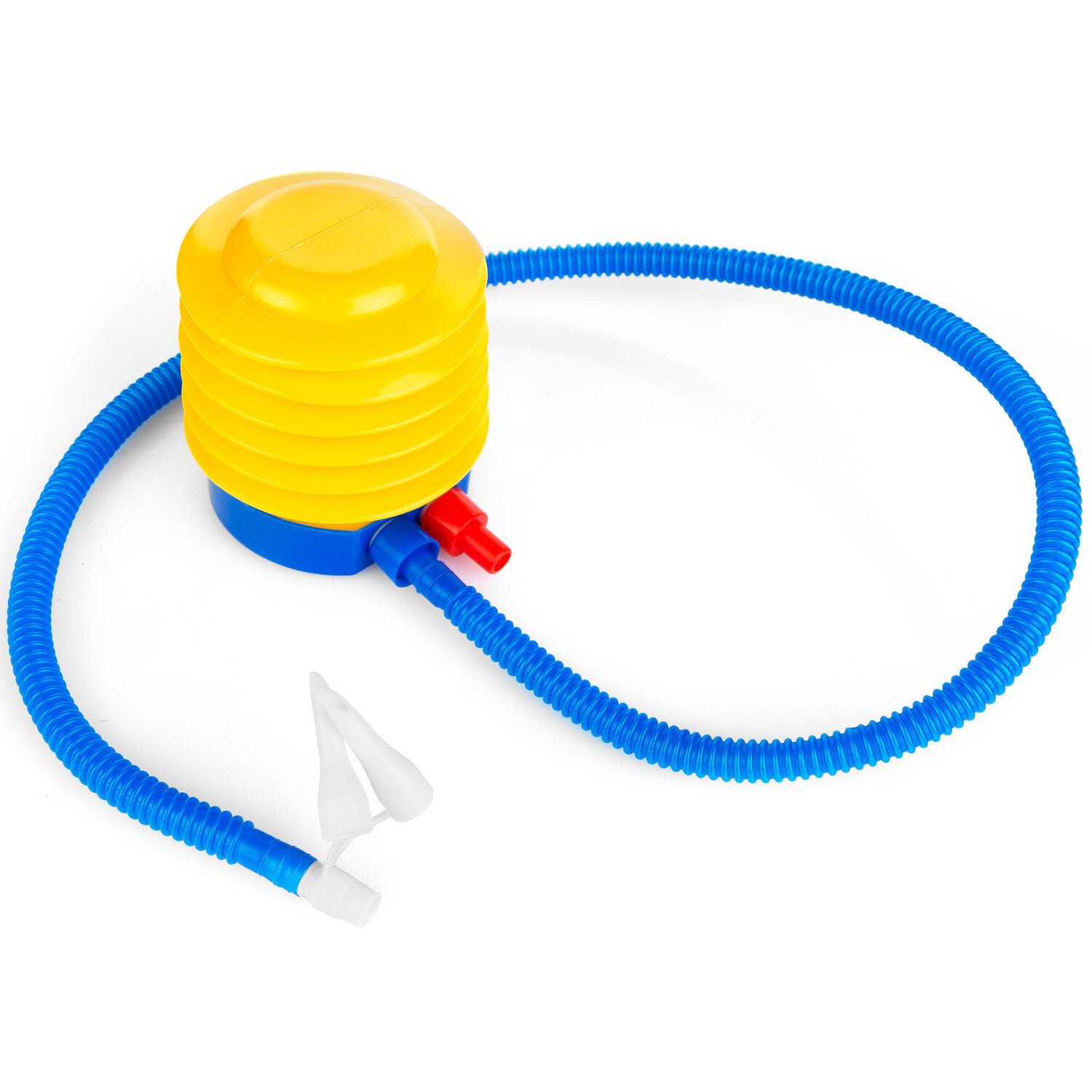 Żółto-niebieska pompka powietrza z niebieskim wężem i białą dyszą.