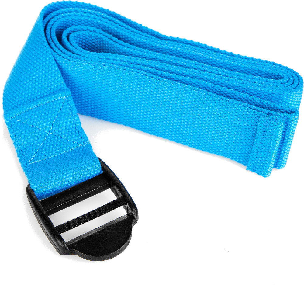 Niebieski pasek do jogi z czarną klamrą na białym tle.