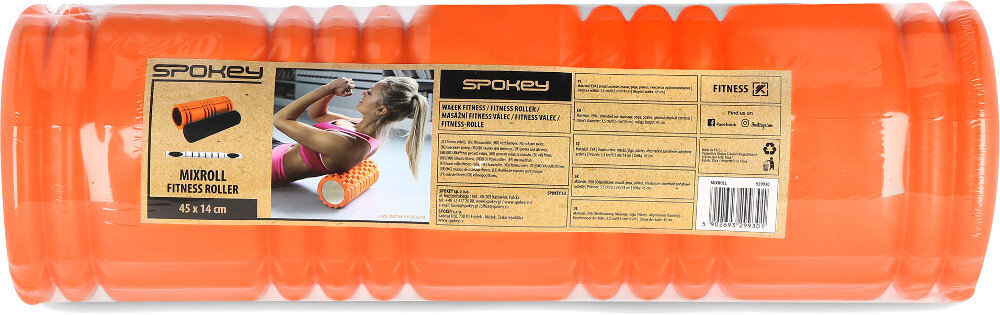 Pomarańczowy wałek do ćwiczeń z etykietą produktu na białym tle.