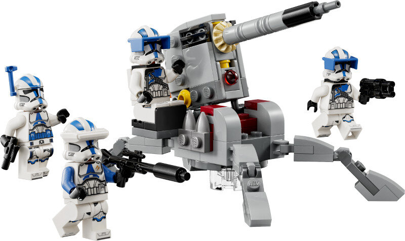 Zestaw Lego Star Wars z żołnierzami-klonami, działem i szaro-białą stacją bojową.
