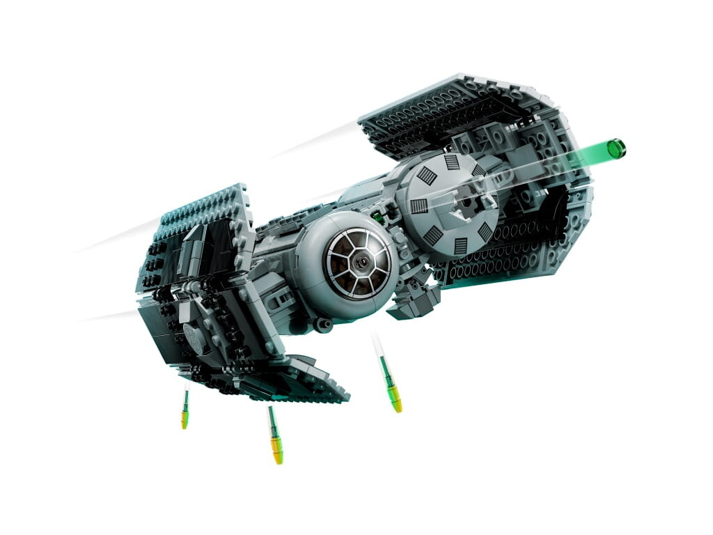 Model Lego Star Wars TIE fighter z wystrzeliwującymi laserami. Szary i czarny ze szczegółowymi skrzydłami.