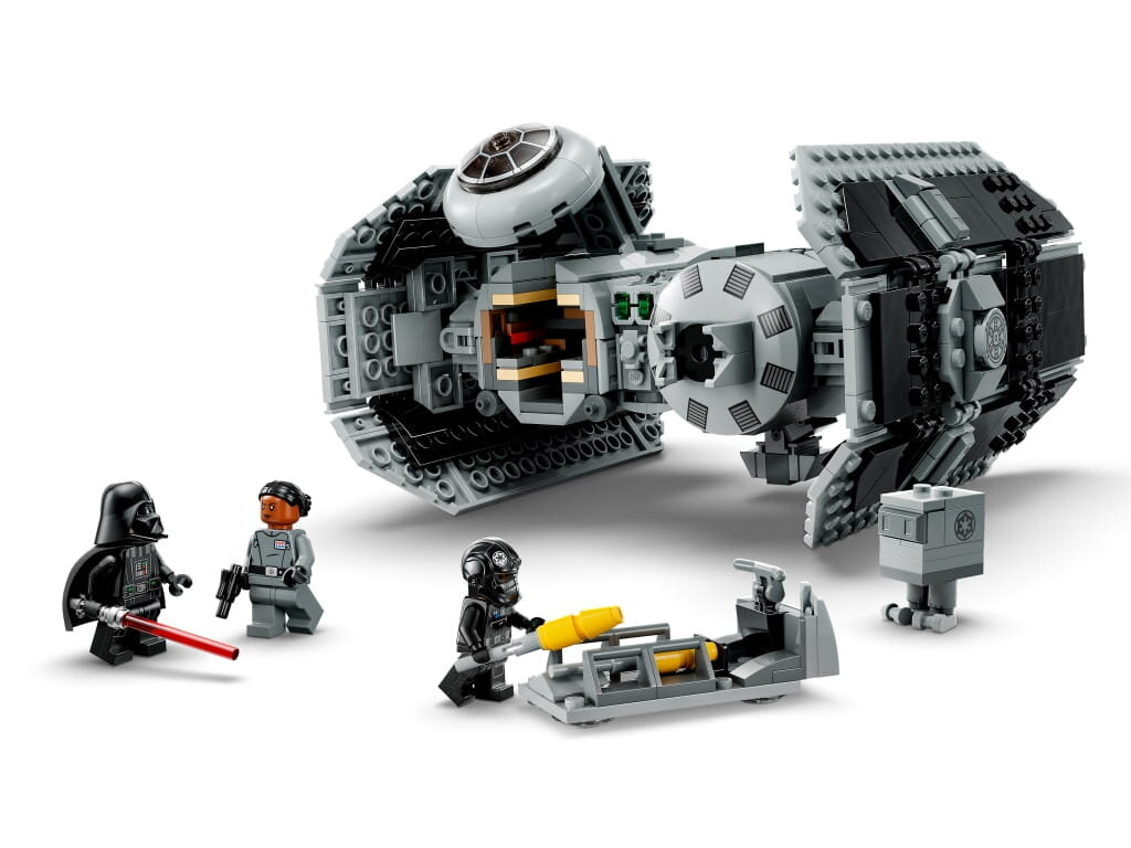 Model LEGO Star Wars TIE Fighter z minifigurkami Dartha Vadera, pilota i innych.