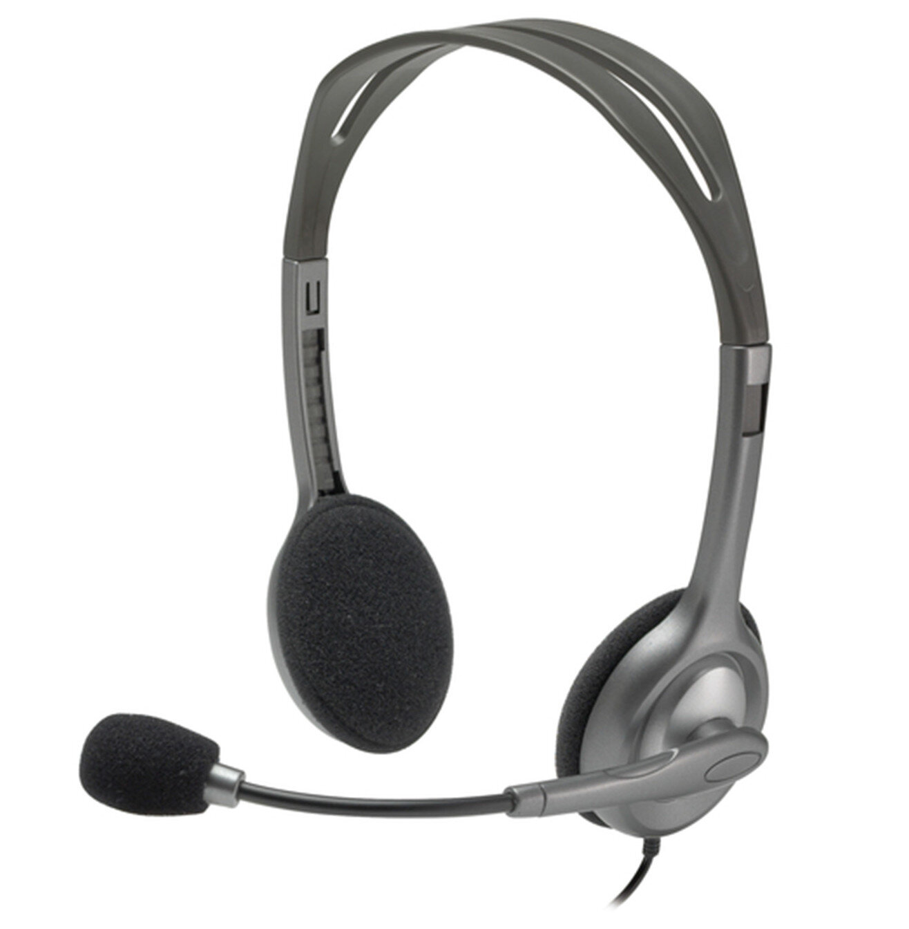 Zestaw słuchawkowy z mikrofonem, w kolorze szarym, na białym tle.