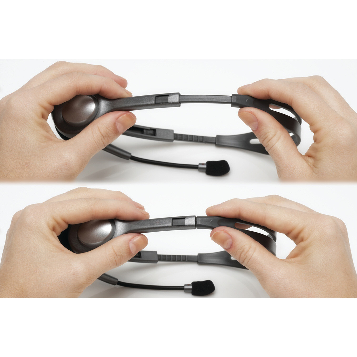 Dwie dłonie trzymają szare słuchawki, regulując ich rozmiar.