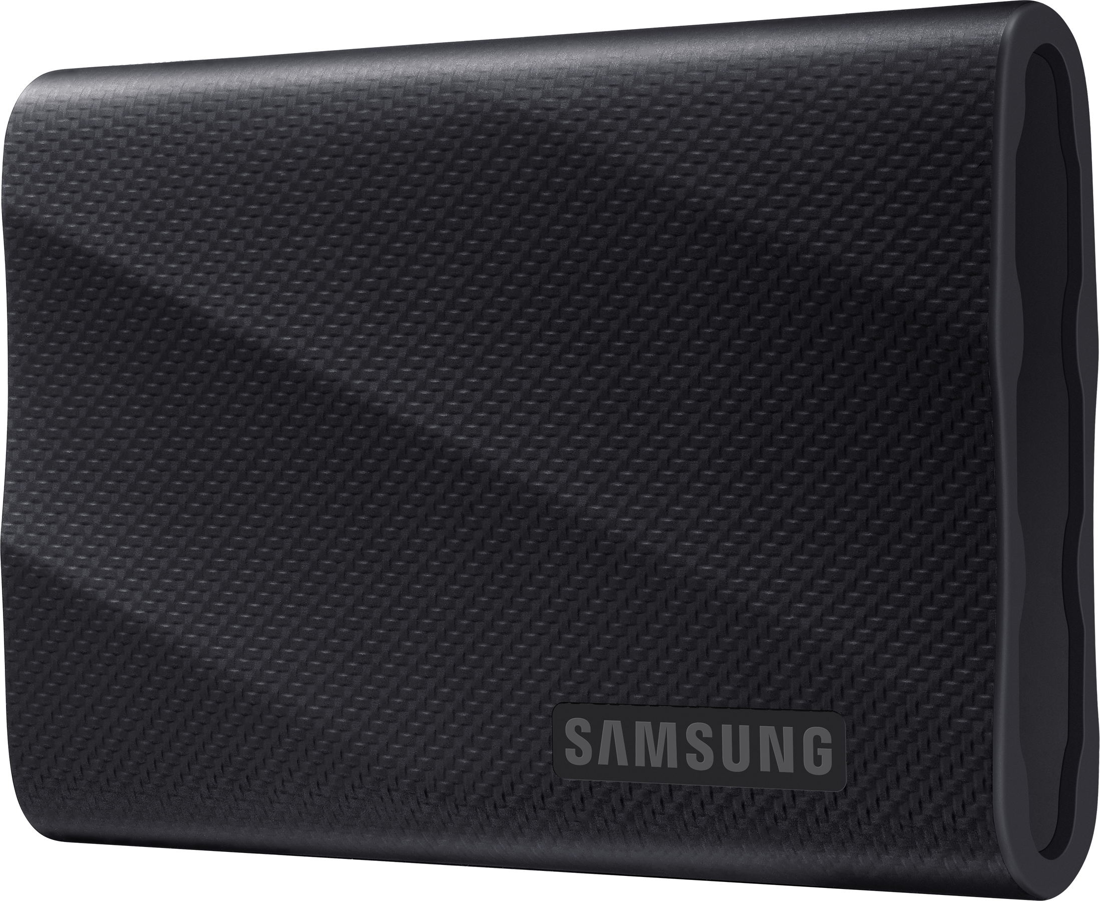 Un petit disque dur externe noir texturé avec "SAMSUNG" imprimé dessus.