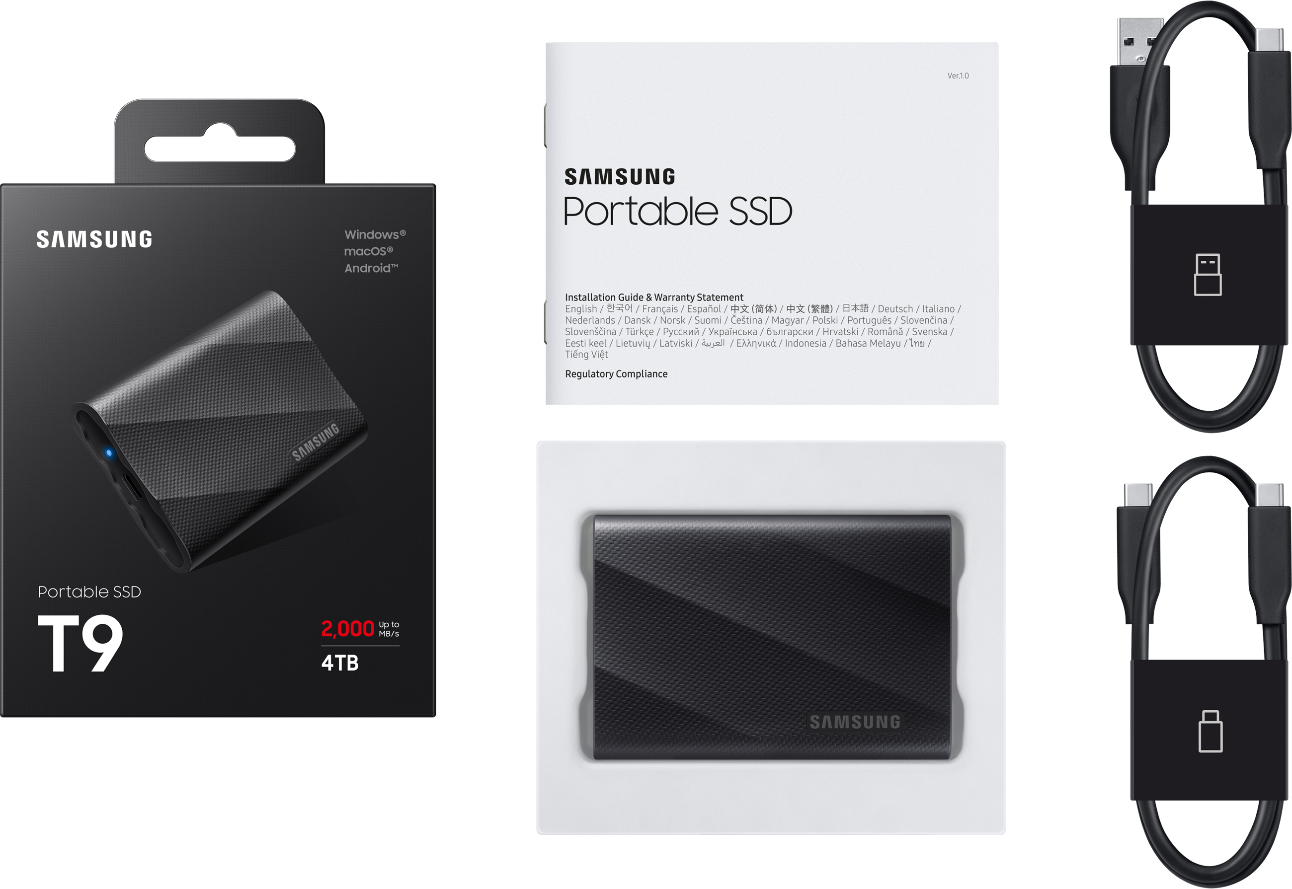 Boîte et disque SSD portable Samsung noirs, avec câbles et documentation.