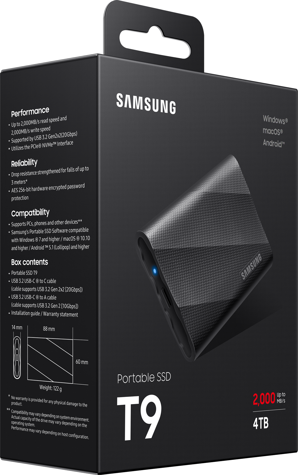 Boîte noire Samsung Portable SSD T9 avec informations sur le produit et un SSD.