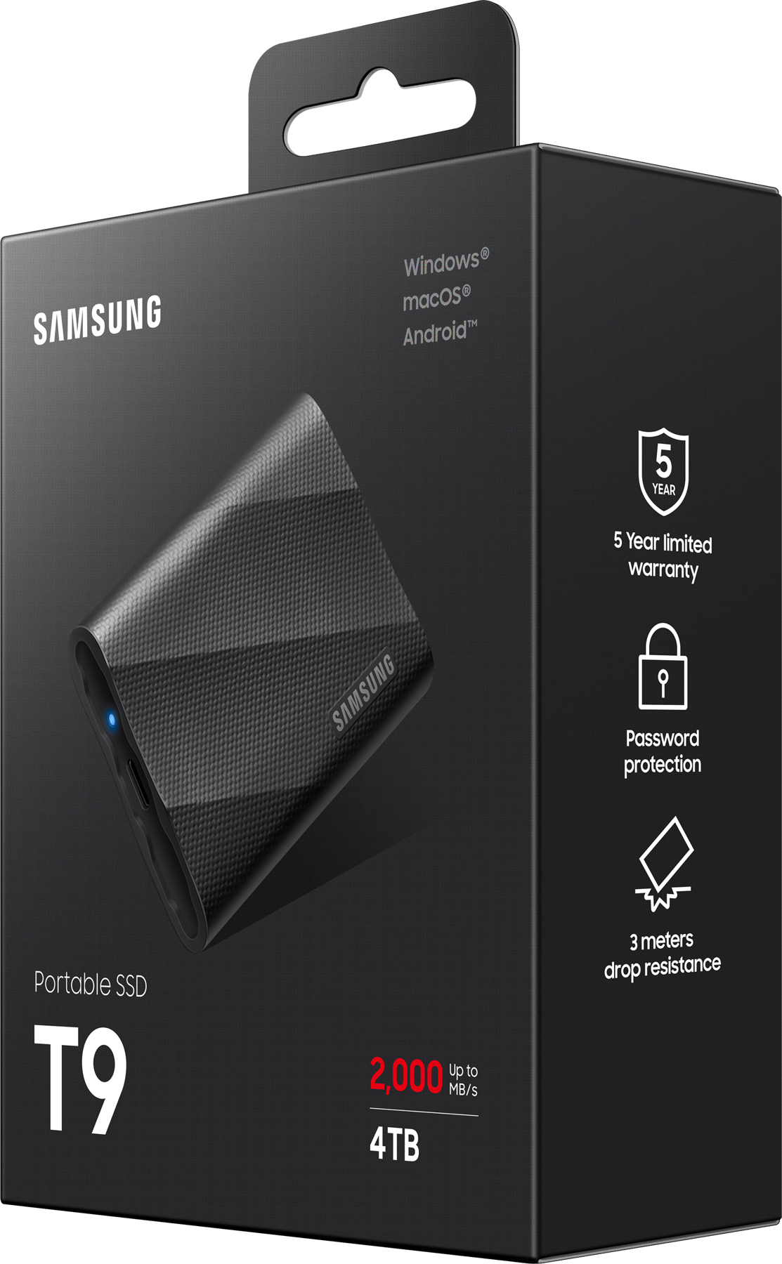 Boîte noire SSD portable Samsung T9. Contient lecteur, garantie 5 ans et résistance aux chutes.