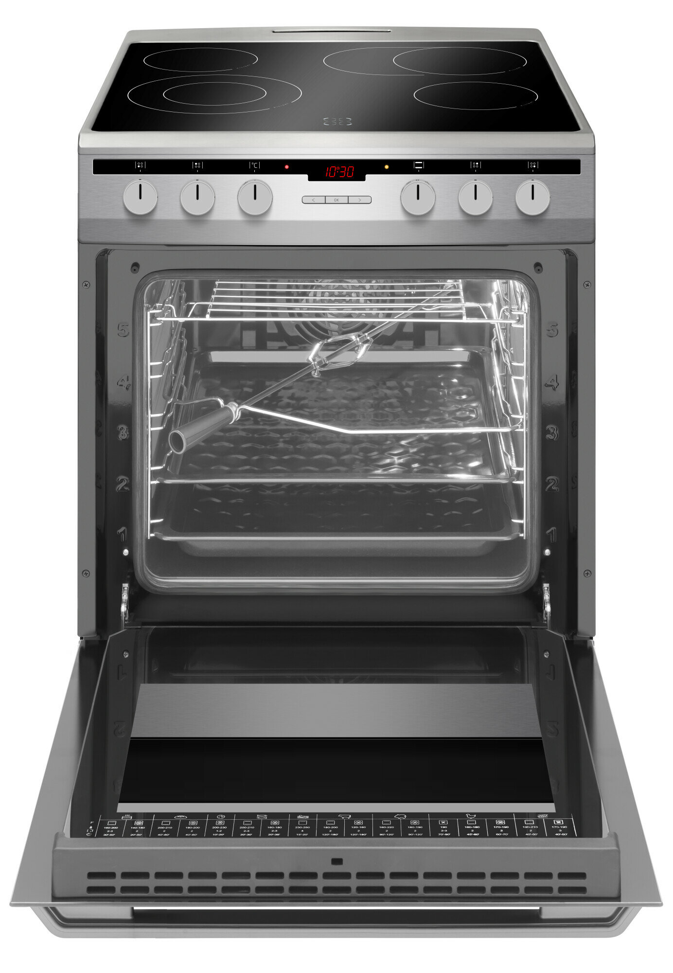 Srebrny piekarnik z otwartymi drzwiami. Wnętrze z rusztami i rożnem. Cztery palniki u góry.